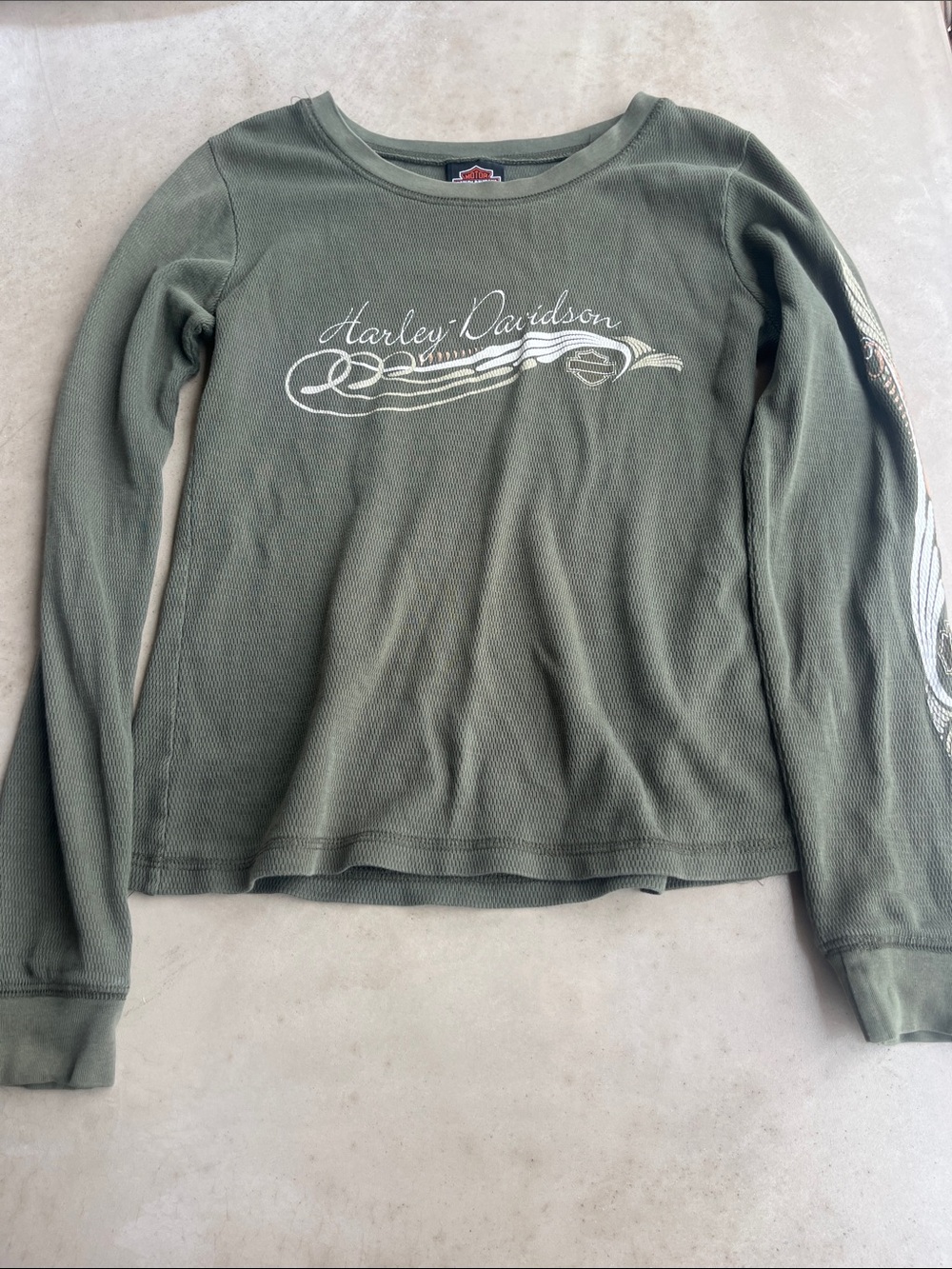 Harley-Davidson Olive Green Long Sleeve Thermal Shirt with White Flame Graphic